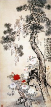 Pino piñonero Lidan y flores de China tradicional Pinturas al óleo
